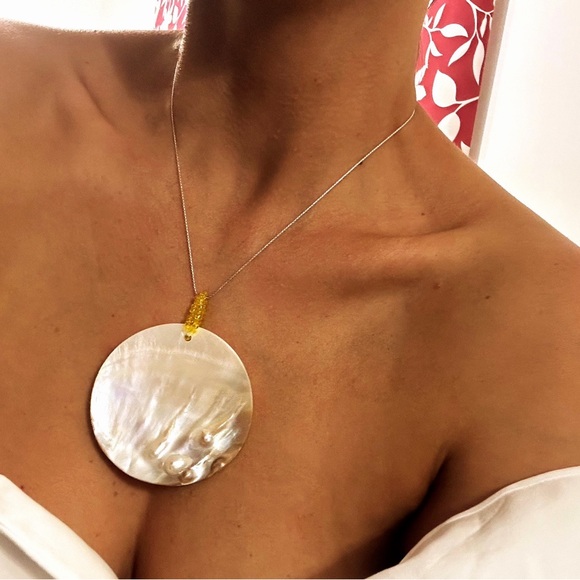 925 Chain Mother of Pearl Large Pandantiv 925 Stearling Silver Chain - Picture 5 of 14